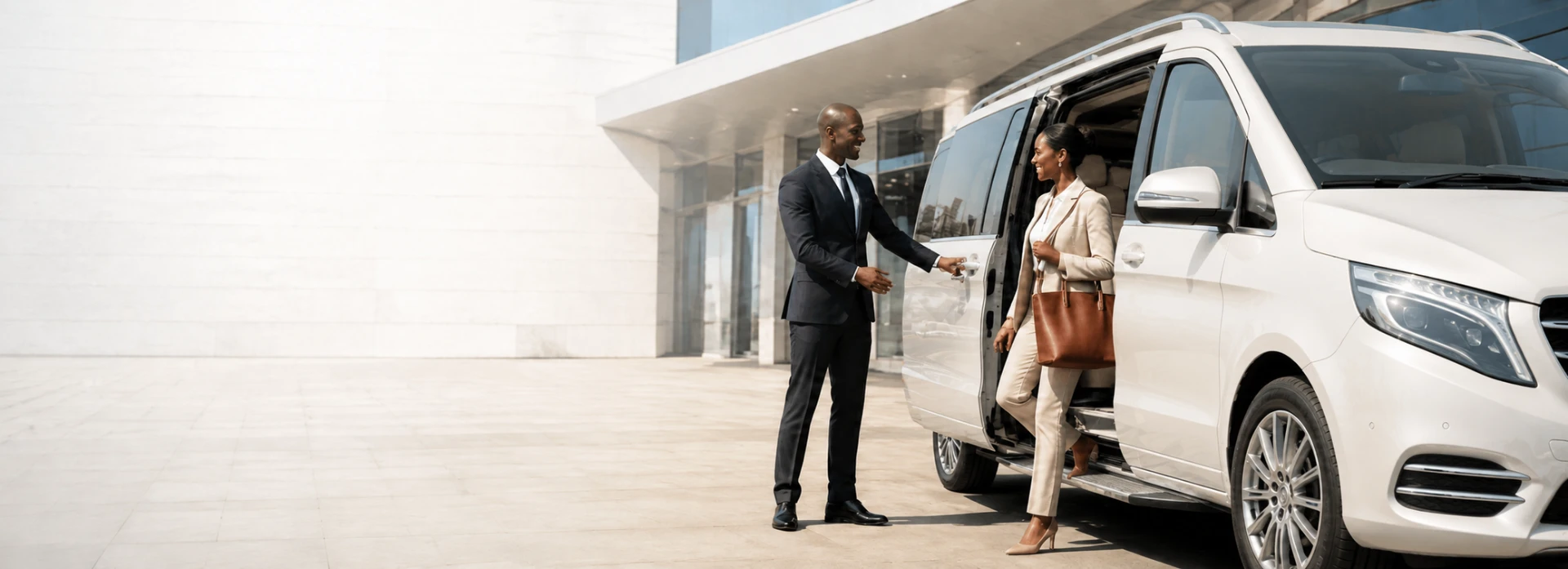 Chauffeur welcoming an arriving executive passenger beside a luxury vehicle