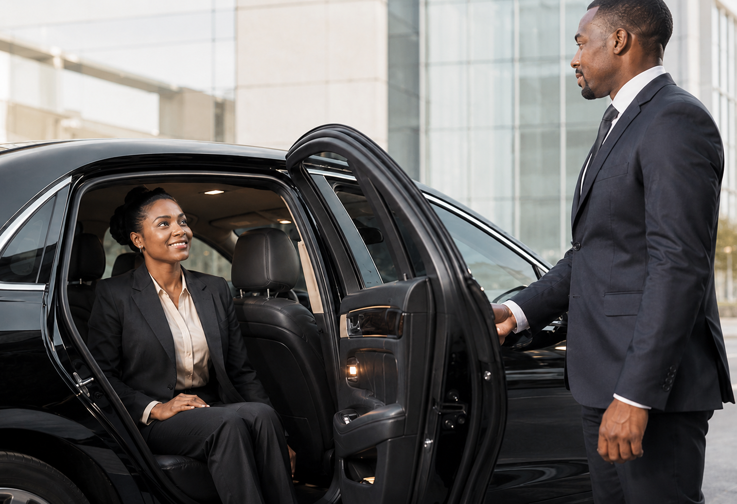 Chauffeur holding the door open for an executive passenger